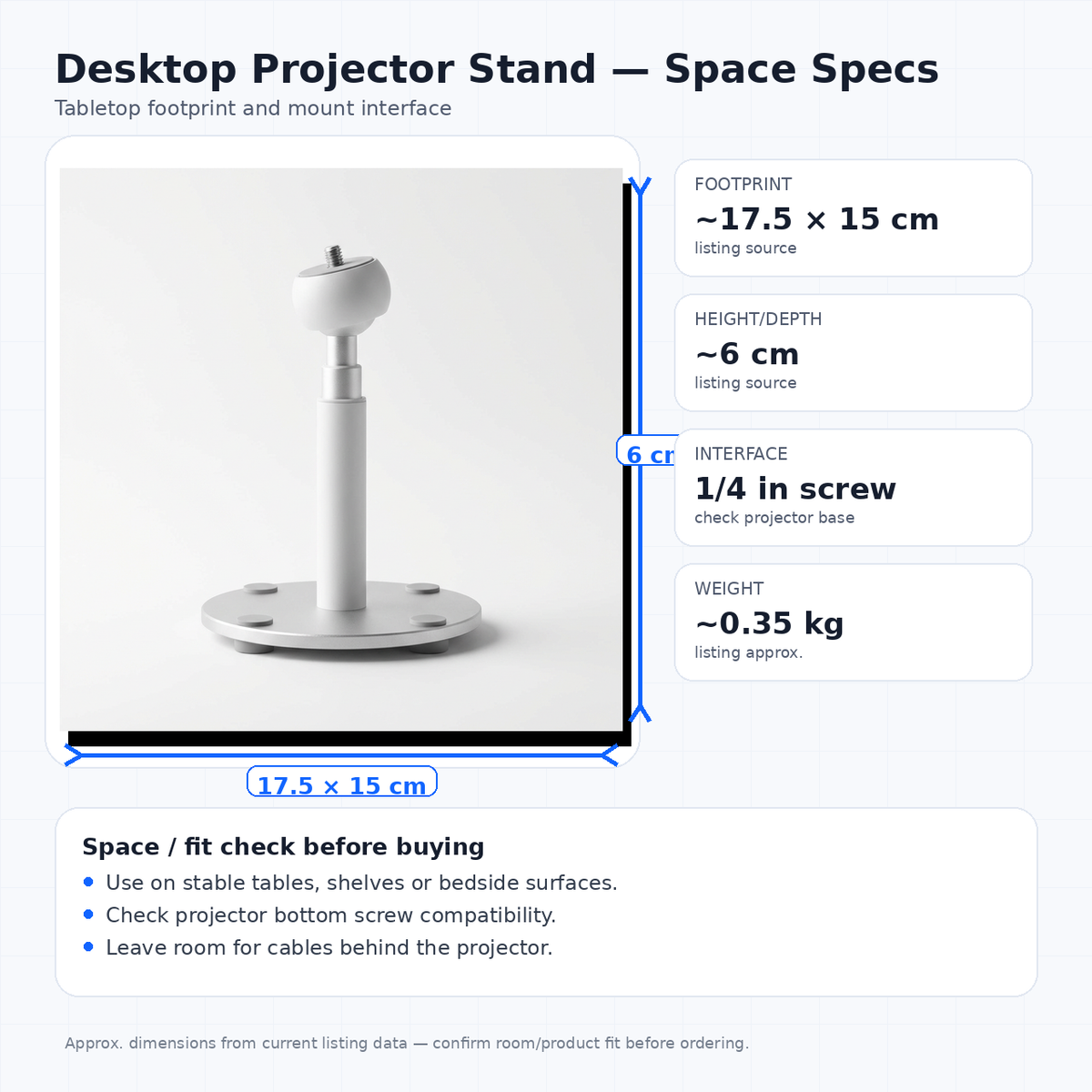 Desktop projector stand footprint and mount dimension guide
