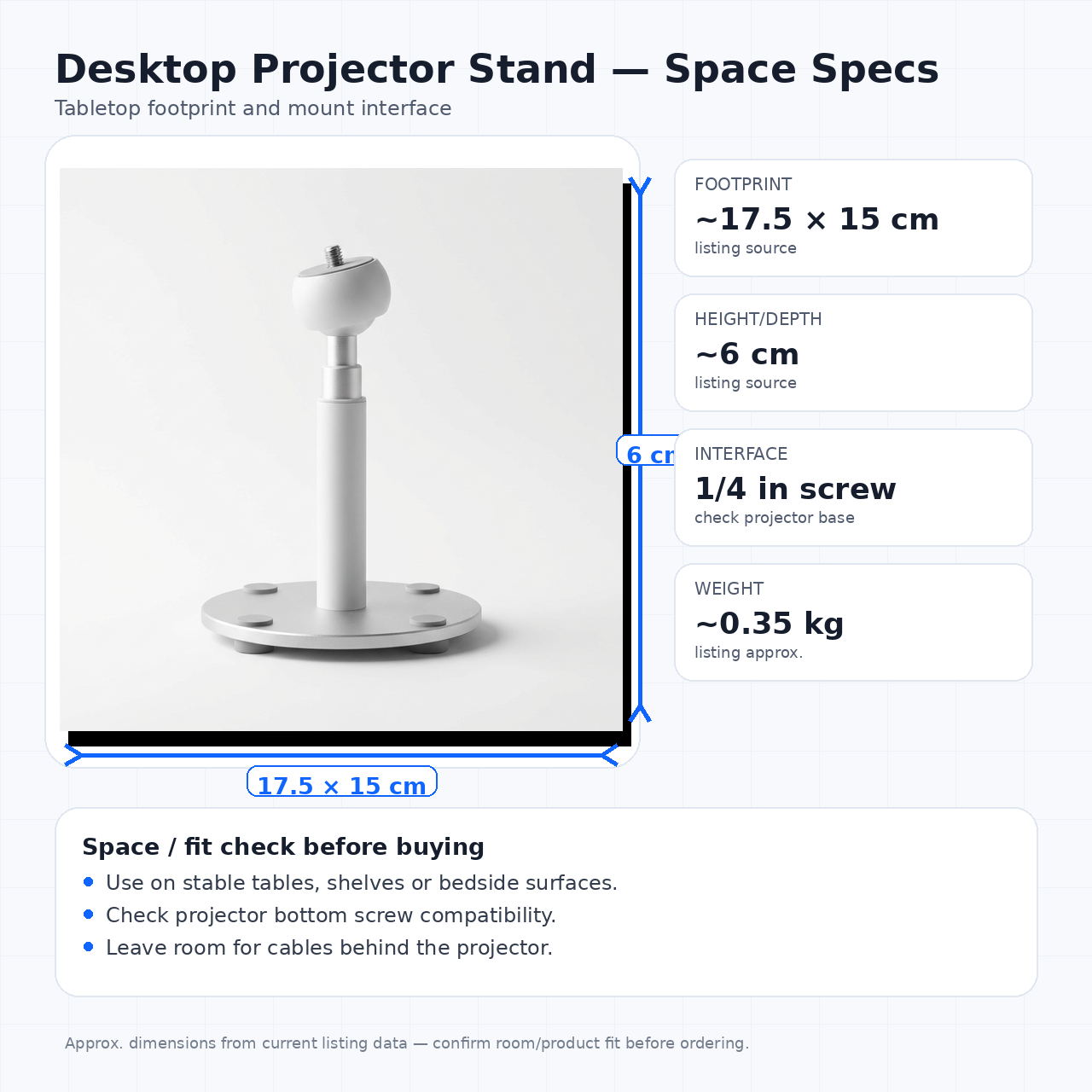 Desktop projector stand footprint and mount dimension guide
