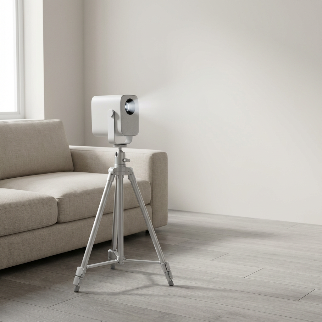 Mini projector tripod stand shown in a home setup; projector shown for setup reference only