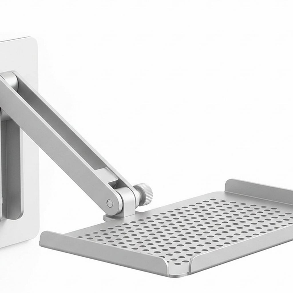 No-drill projector wall mount tray detail on light background